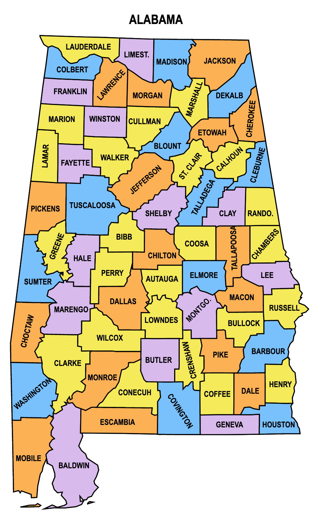 Alabama Multi Colored County Map