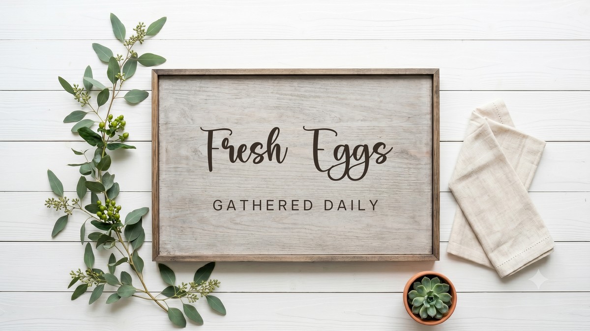 Fresh Eggs gathered daily farmhouse script font pairing on a rustic wood sign mockup