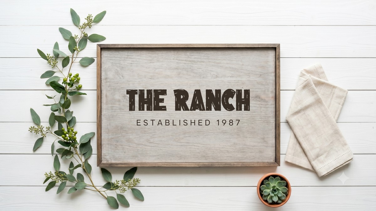 The Ranch established 1987 farmhouse font pairing on a rustic wood sign mockup