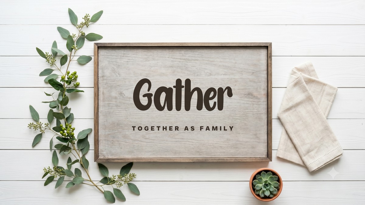 Gather and Together as Family farmhouse font pairing on a rustic wood sign mockup