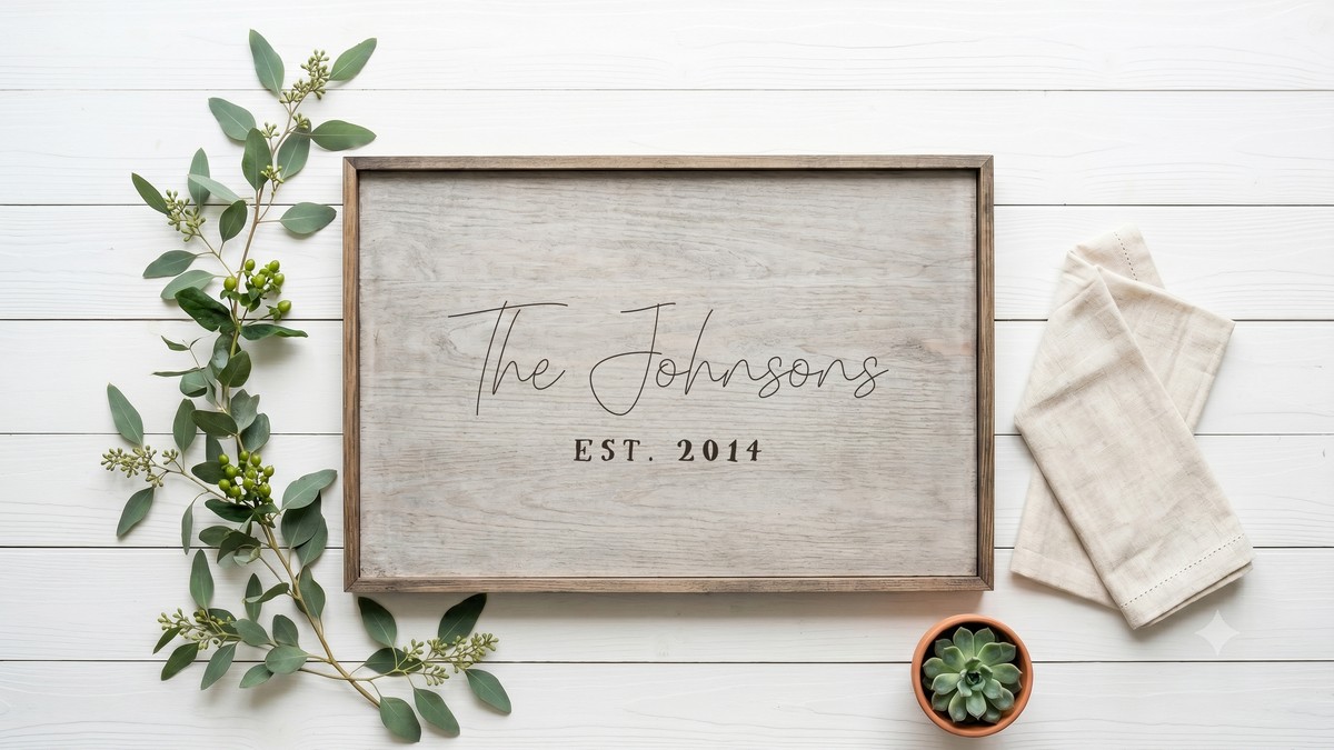 The Johnsons est 2014 farmhouse script and serif font pairing on a wood sign mockup