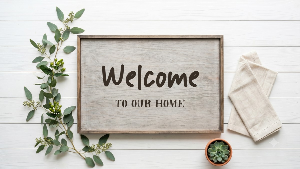 Welcome to our home farmhouse handlettered and serif font pairing on a wood sign mockup