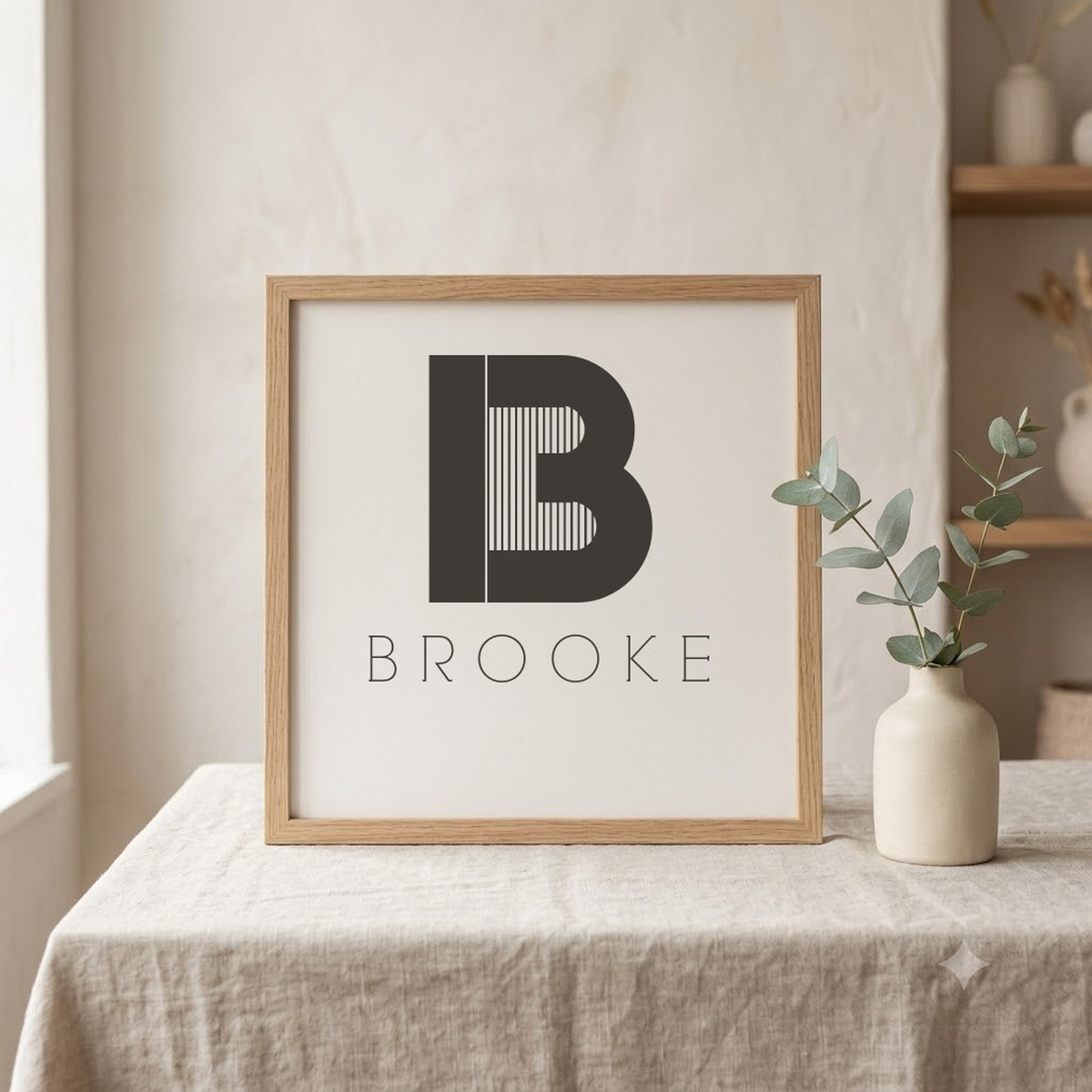Cassandra and RNS Camelia monogram font pairing on a framed initial and name print mockup