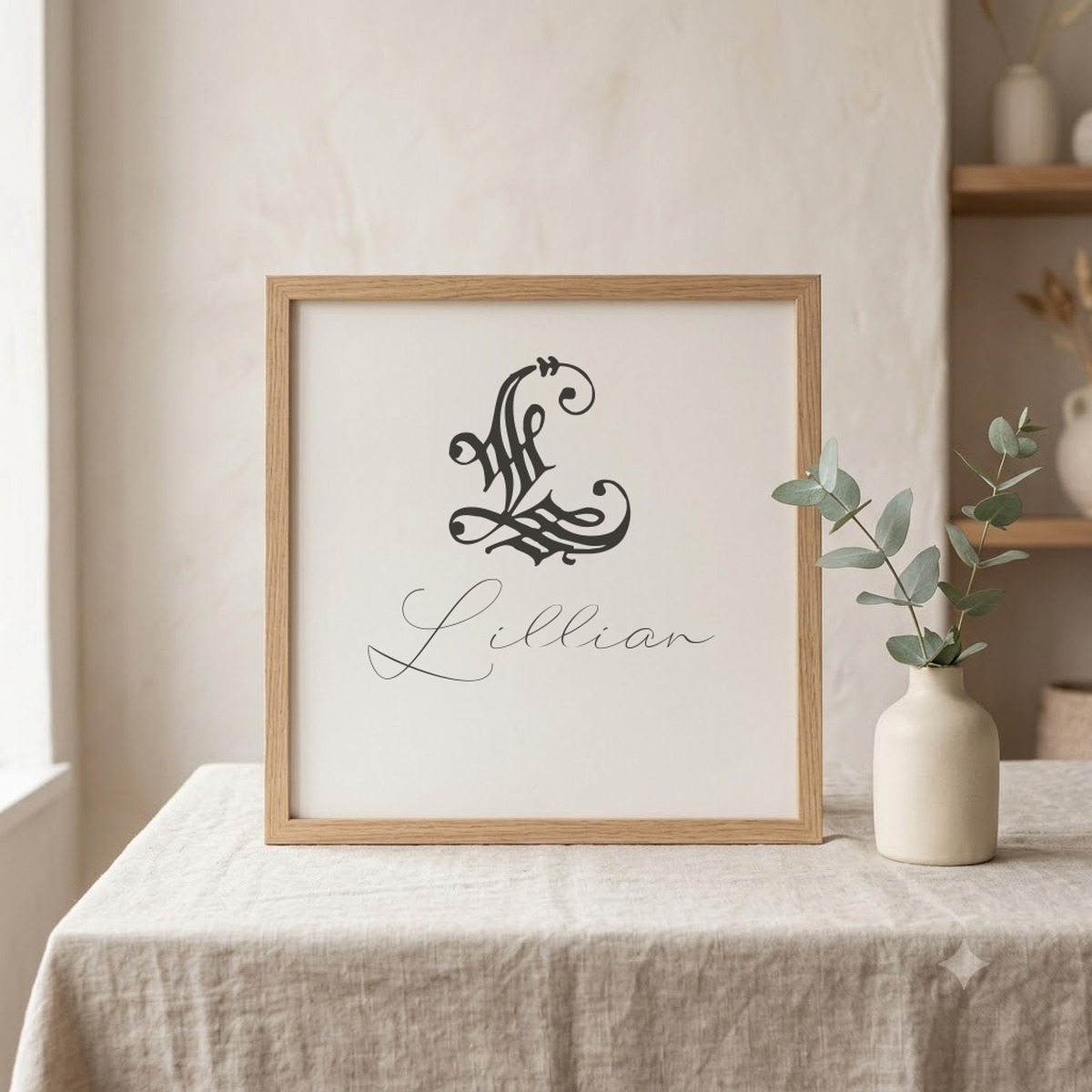 Ornamental Initial and Botterill Signature monogram font pairing on a framed initial and name print mockup