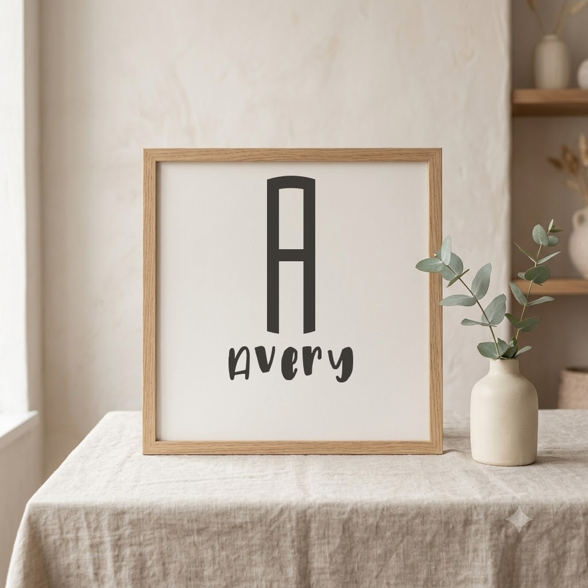 Round Monogram and Peony monogram font pairing on a framed initial and name print mockup