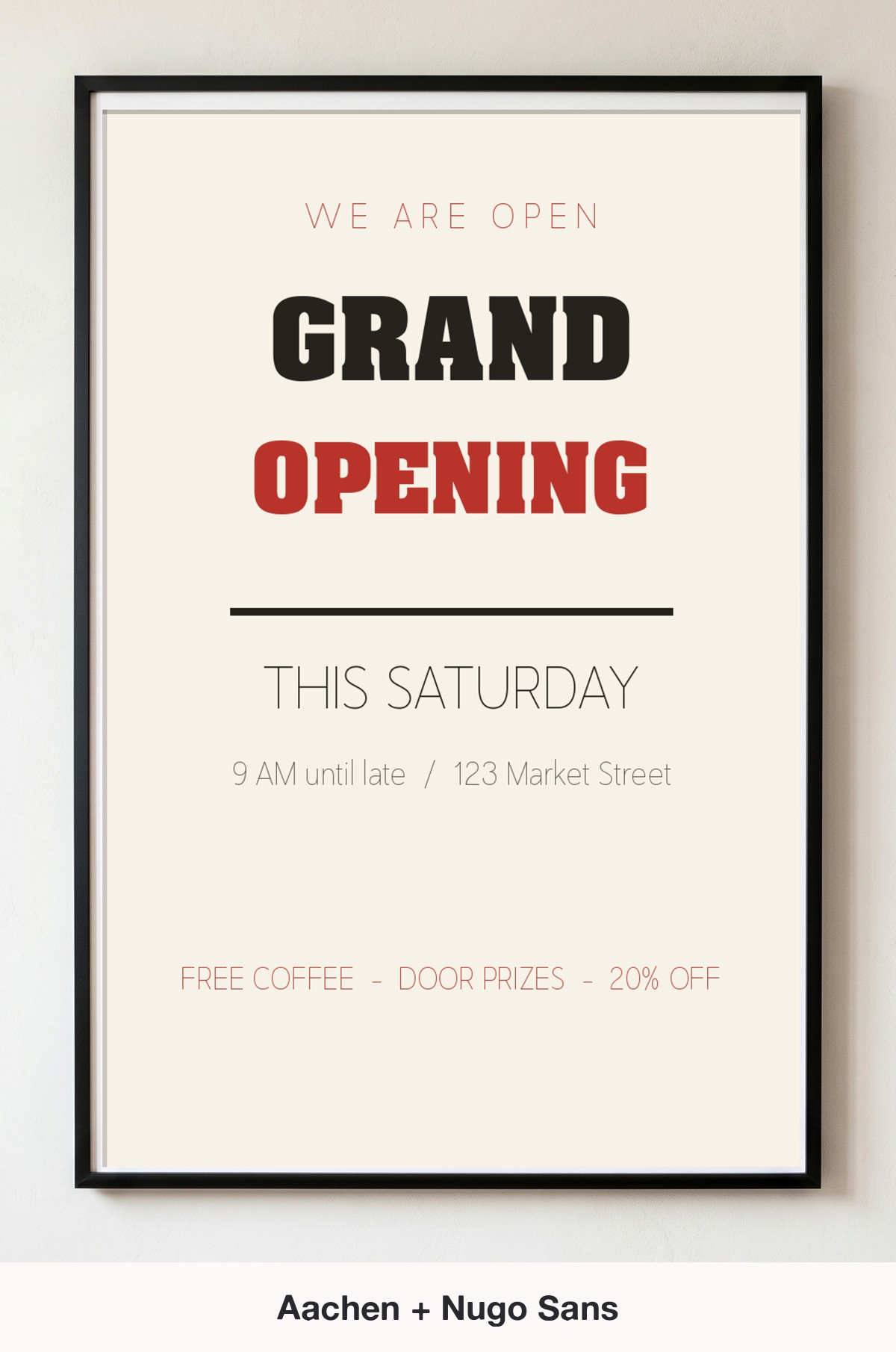 Aachen and Nugo Sans bold poster font pairing on a framed grand opening poster mockup