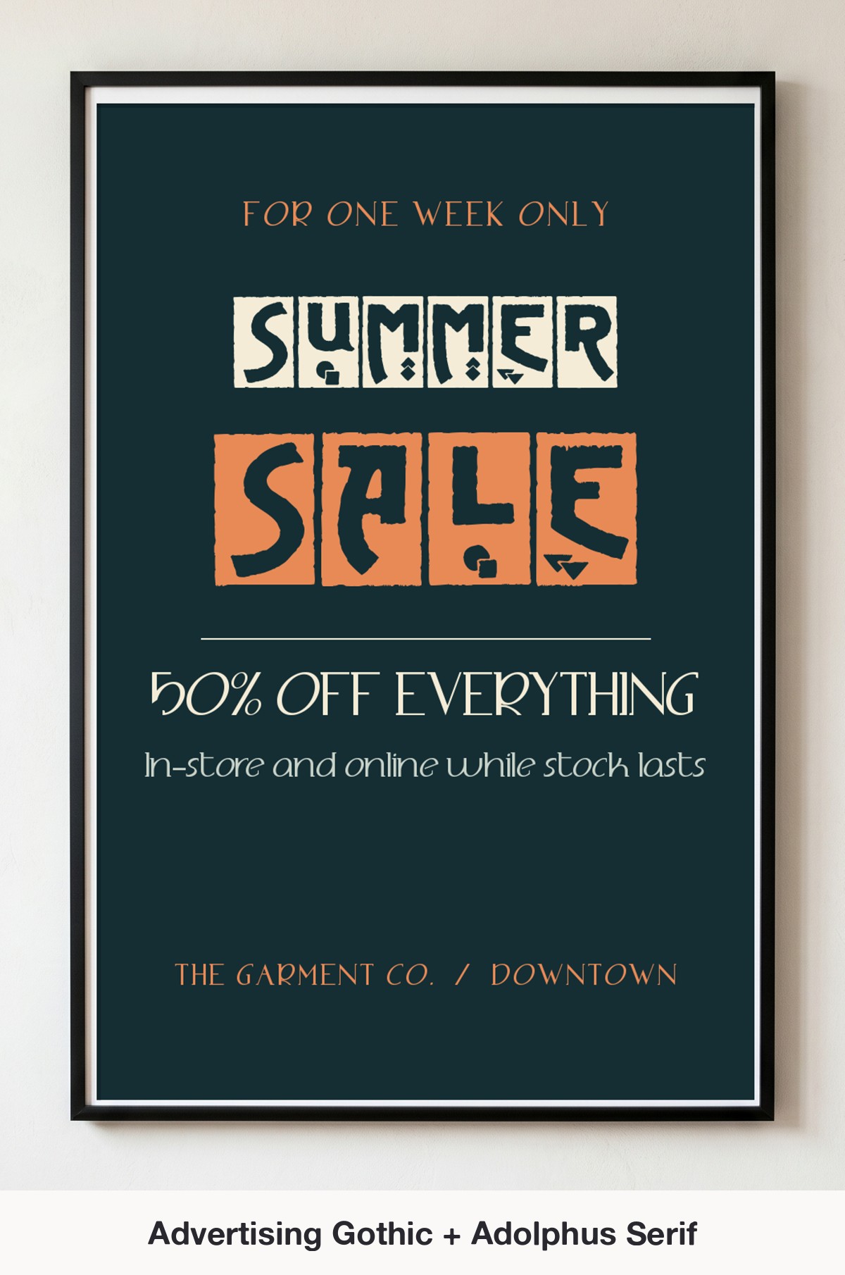 Advertising Gothic and Adolphus Serif vintage poster font pairing on a framed summer sale poster mockup