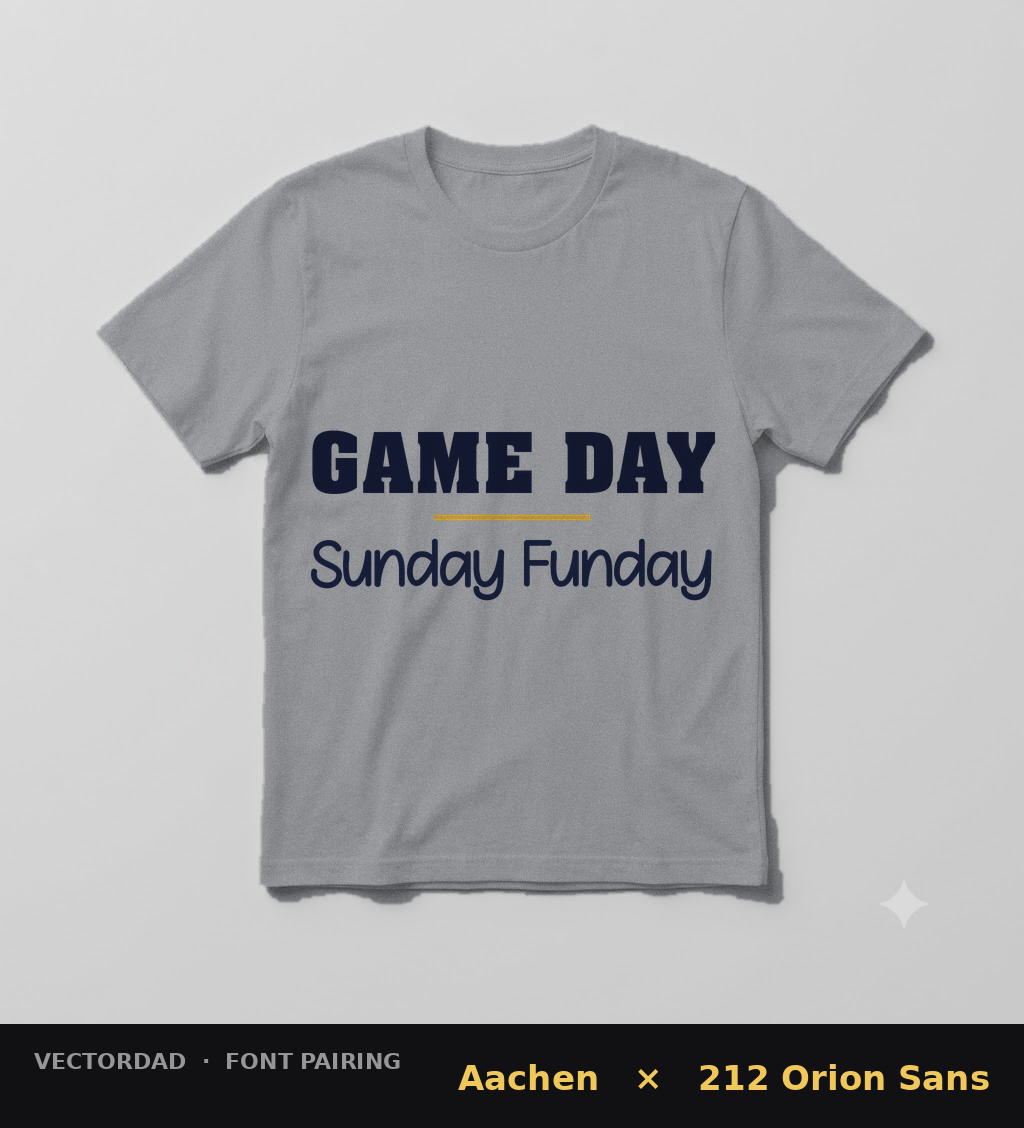Aachen and 212 Orion Sans font pairing printed on a heather grey t-shirt mockup reading Game Day Sunday Funday