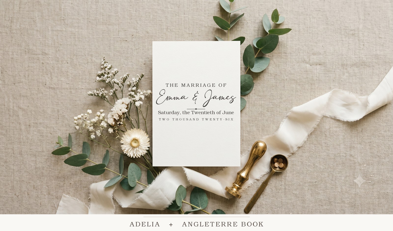 Adelia and Angleterre Book wedding font pairing rendered on an ivory invitation mockup reading Emma and James