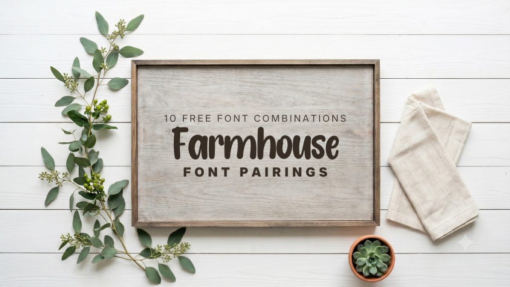 Farmhouse font pairings free fonts featured image on a rustic wood sign mockup