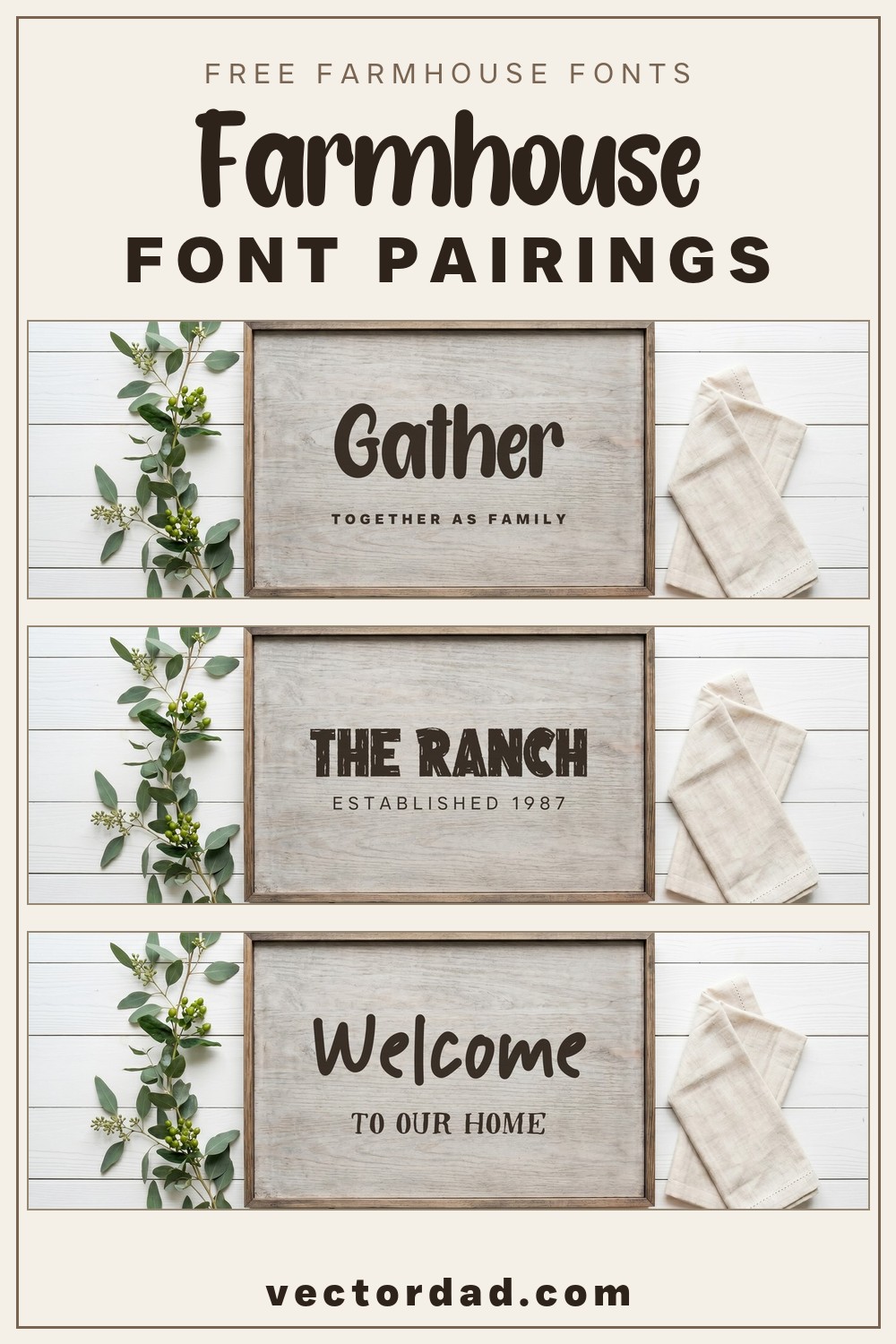 Farmhouse font pairings Pinterest pin with free font wood sign mockups
