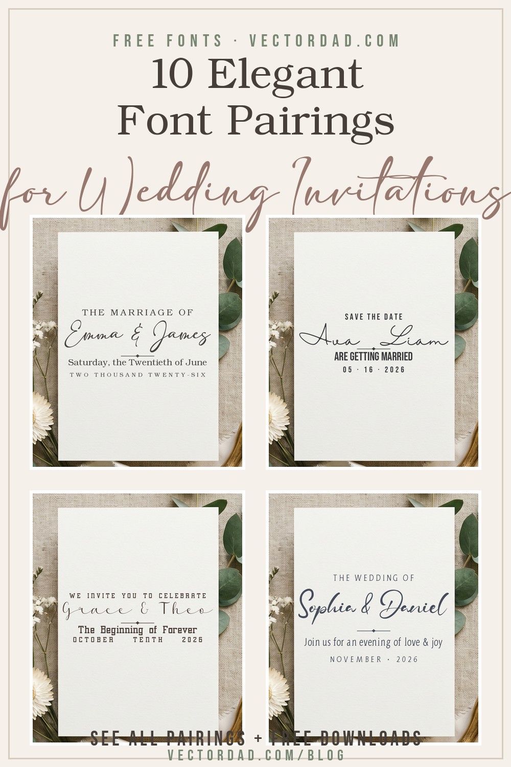 10 Elegant Font Pairings for Wedding Invitations Pinterest pin showing four realistic invitation mockups