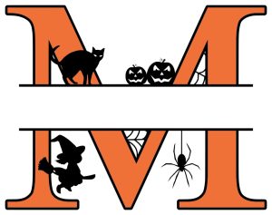 Printable Halloween monogram Free M Halloween clipart alphabet letter split monogram stencil template print download vector cricut silhouette svg laser scroll saw.