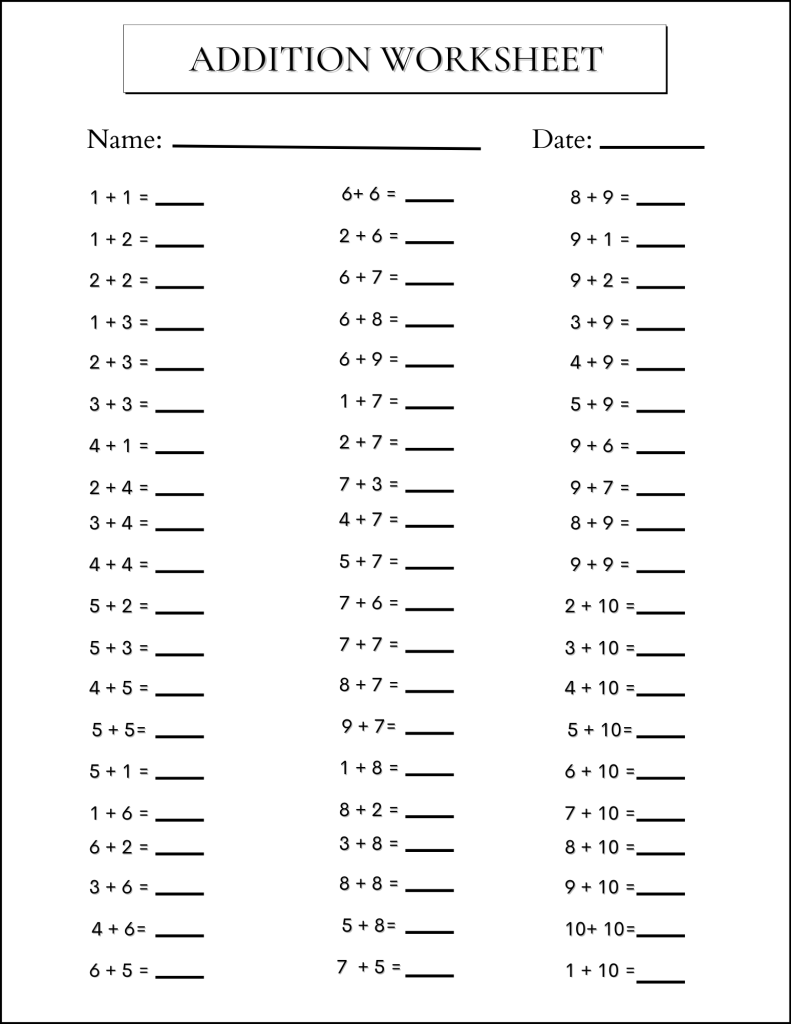 Printable Addition Charts & Worksheets (Free Printable Files)