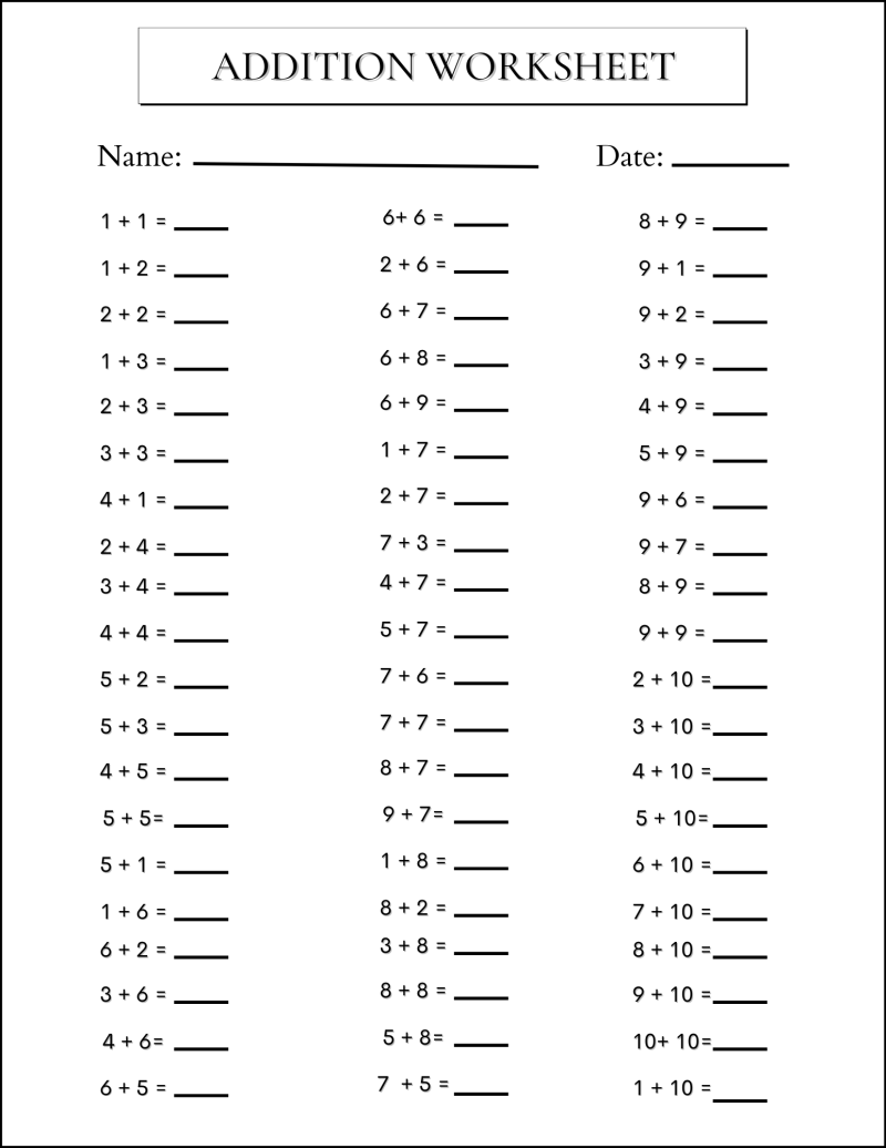 Printable Addition Charts & Worksheets (Free Printable Files)