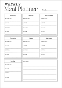 Diet Planner Template, Meal planner, weekly, template, menu, printable, free, pdf, diet, food, prep, family, grocery list, notes, print, download, online, simple.