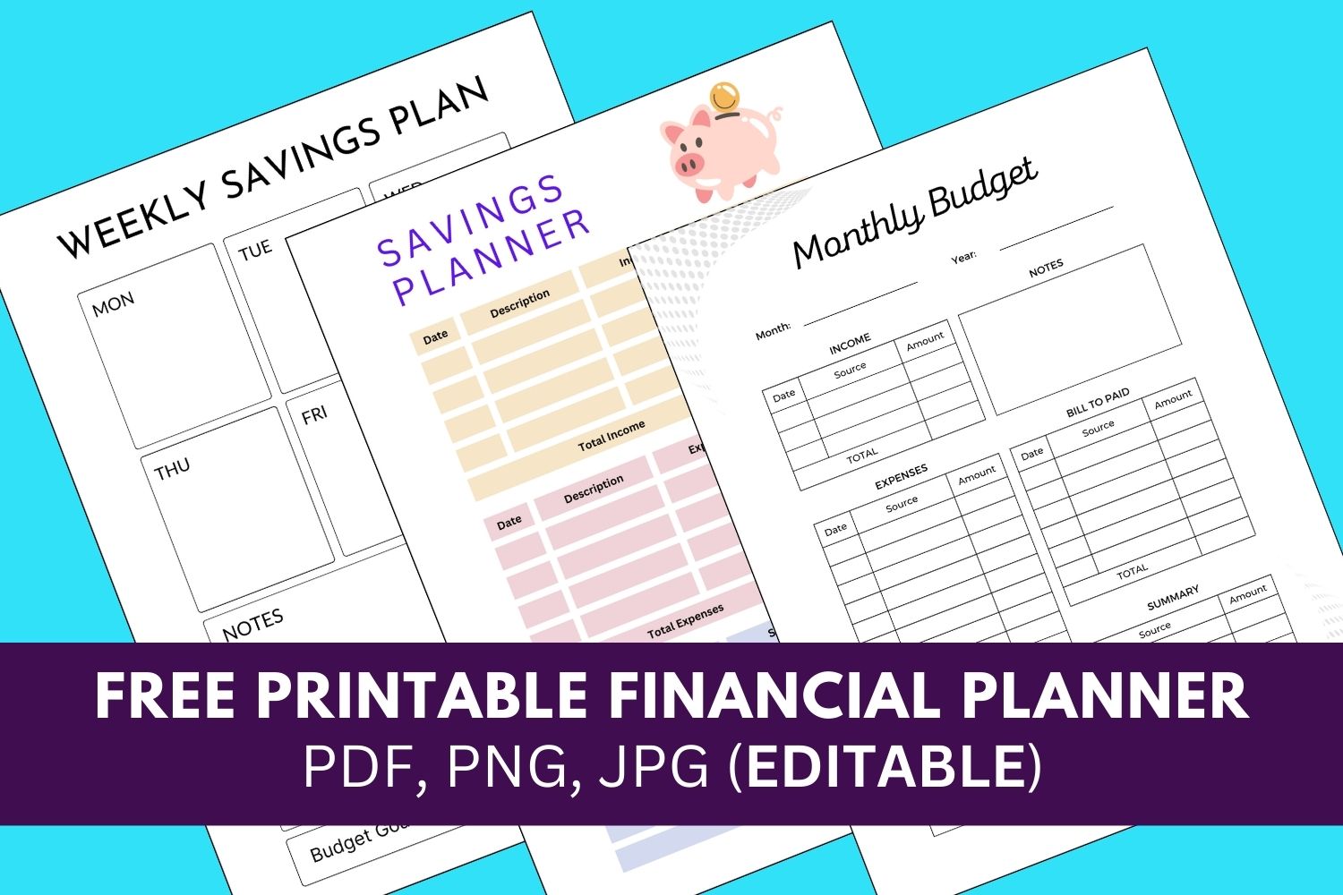 Financial planner template, Weekly Savings planner, Monthly Budget, Yearly budget,  Printable financial Planner, finance planner, weekly, monthly, yearly,  budget template, printable, free, pdf, notes, print, download, online, simple, school, college, office