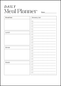 Healthy Daily Meal Planner, Weekly meal planner template. Printable Daily Meal Planner, Diet Meal planner, weekly, daily, healthy meal plan, template, menu, printable, free, pdf, diet, food, prep, family, grocery list, notes, print, download, online, simple.