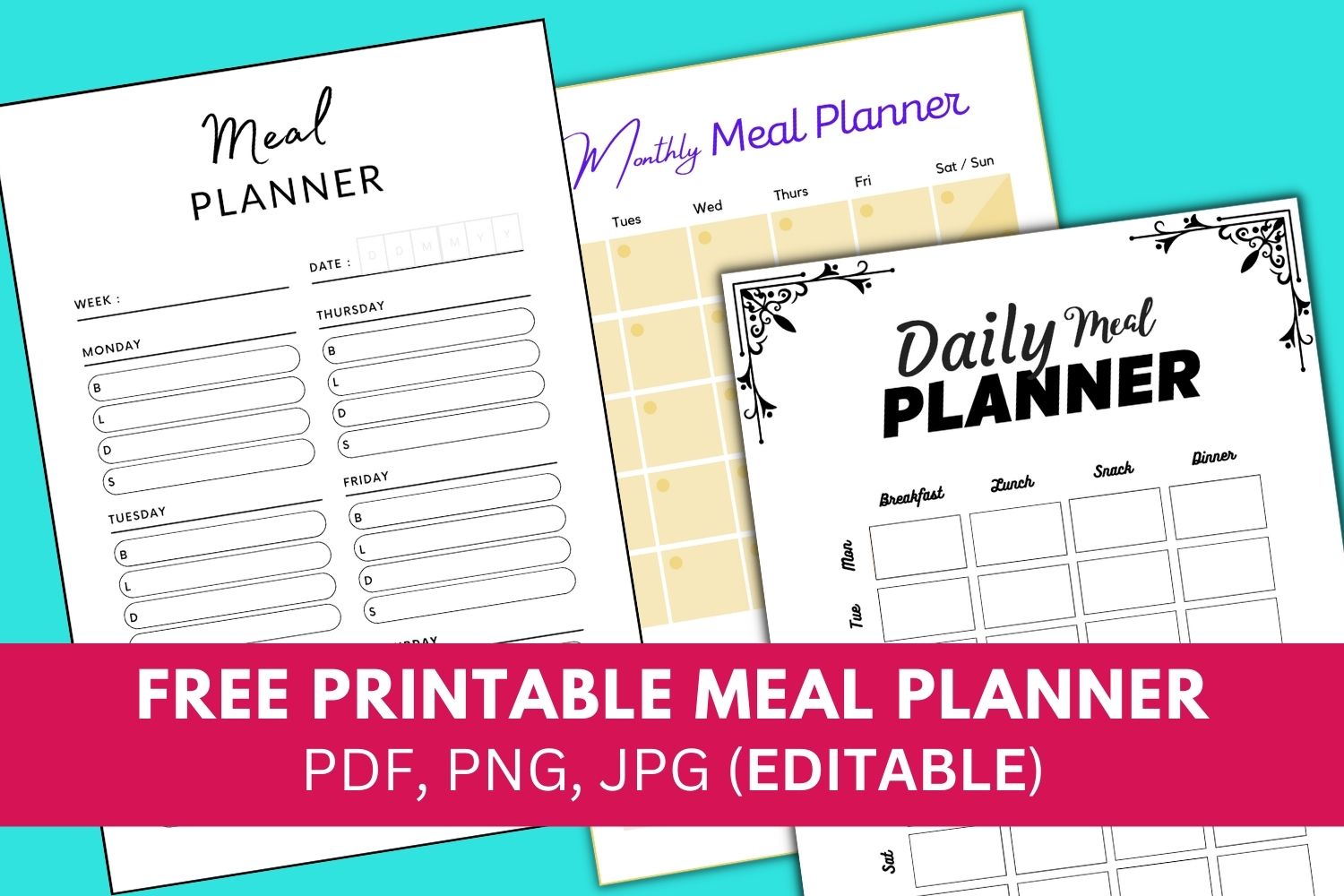 Weekly meal planner template. Printable Daily Meal Planner, Diet Meal planner, weekly, daily, healthy meal plan, template, menu, printable, free, pdf, diet, food, prep, family, grocery list, notes, print, download, online, simple.