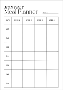 Monthly Meal planner, weekly, daily, diet planner, template, menu, printable, free, pdf, diet, food, prep, family, grocery list, notes, print, download, online, simple.