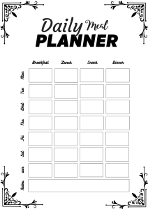 Printable Daily Meal planner, weekly, template, menu, printable, free, pdf, diet, food, prep, family, grocery list, notes, print, download, online, simple.