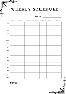 Printable Weekly schedule. Free printable weekly planner template, pdf, notes, task list, organized, priorities, schedule, errands, print, download, online, simple, todo, for work, for school.
