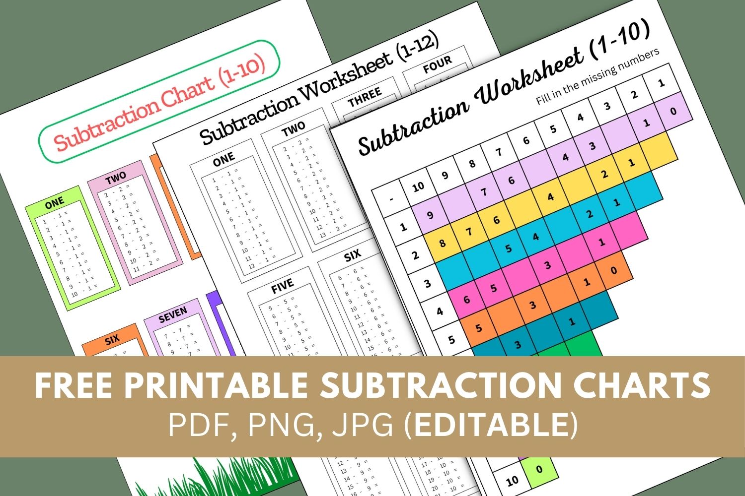 Subtraction Tables, Chart, Worksheets (1-10) (1-12). Colored, Black and White, Portrait orientation. Colored. Free printable subtraction chart, math table worksheets, sheet, pdf, blank, empty, kindergarten, 1st grade, 2nd grade, 3rd grade, template, print, download, online.