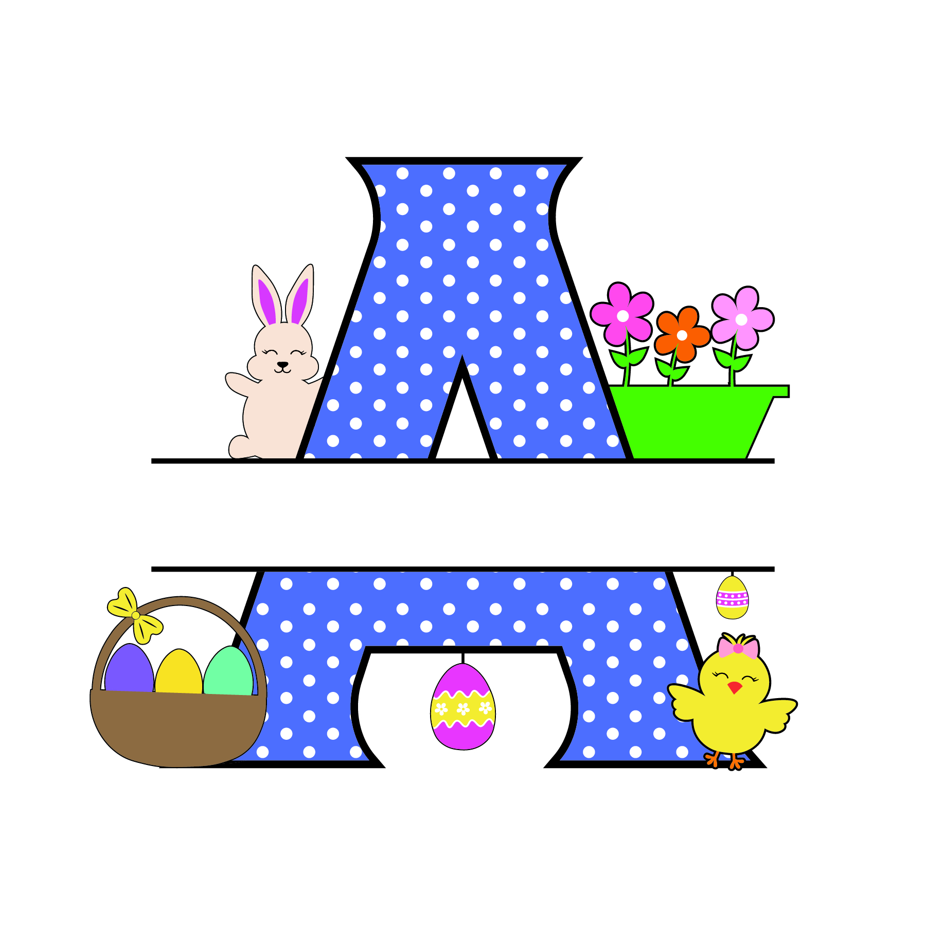 a letter free easter monogram bunny egg basket chicken clipart alphabet letter split customize or personalize stencil template to print or download vector svg laser vinyl circuit silhouette.