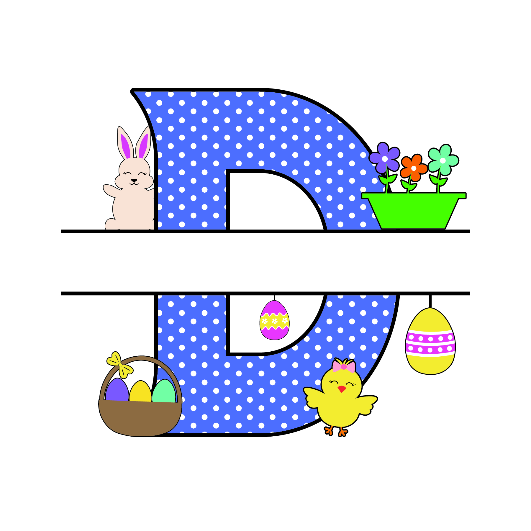 d letter free easter monogram bunny egg basket chicken clipart alphabet letter split customize or personalize stencil template to print or download vector svg laser vinyl circuit silhouette.
