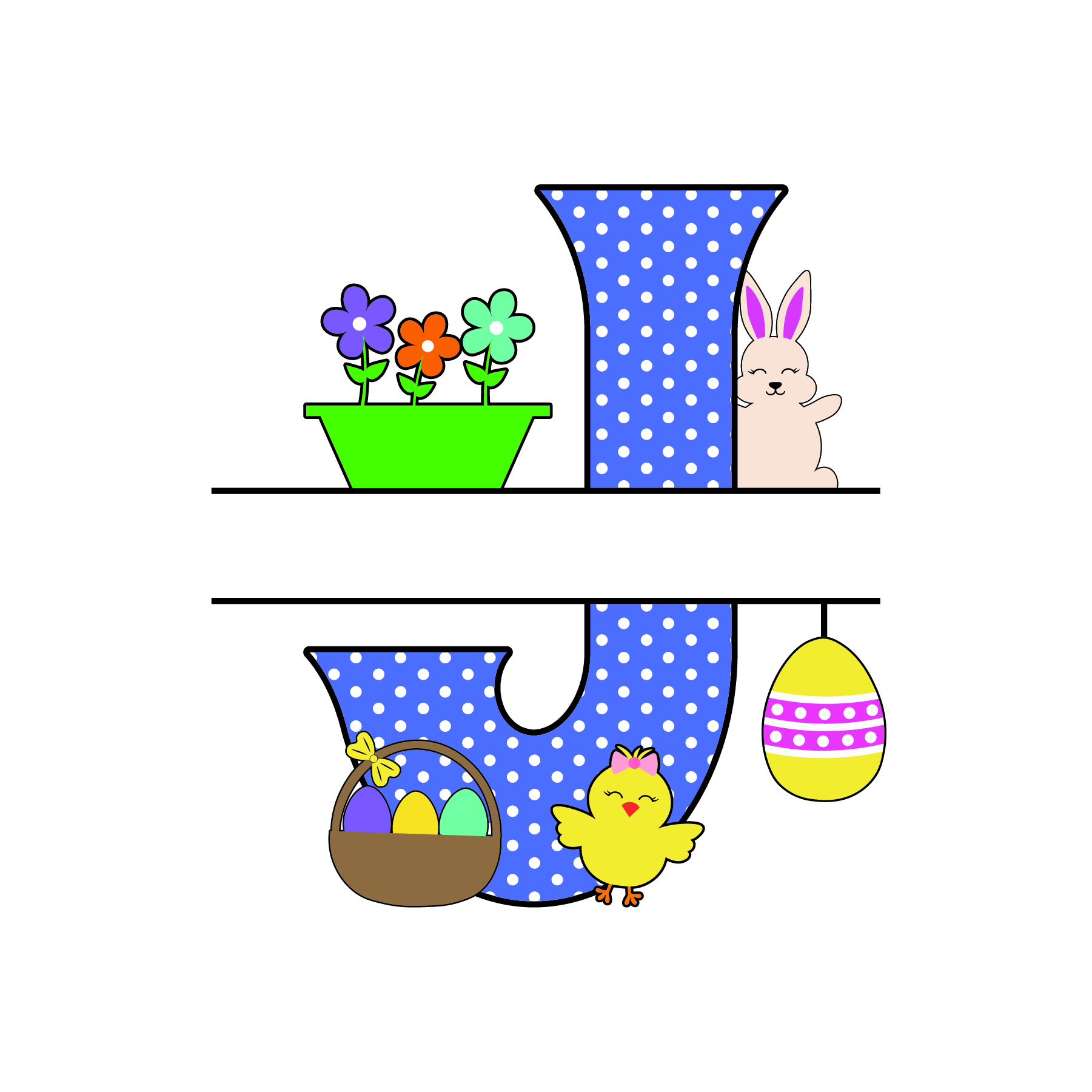 j letter free easter monogram bunny egg basket chicken clipart alphabet letter split customize or personalize stencil template to print or download vector svg laser vinyl circuit silhouette.