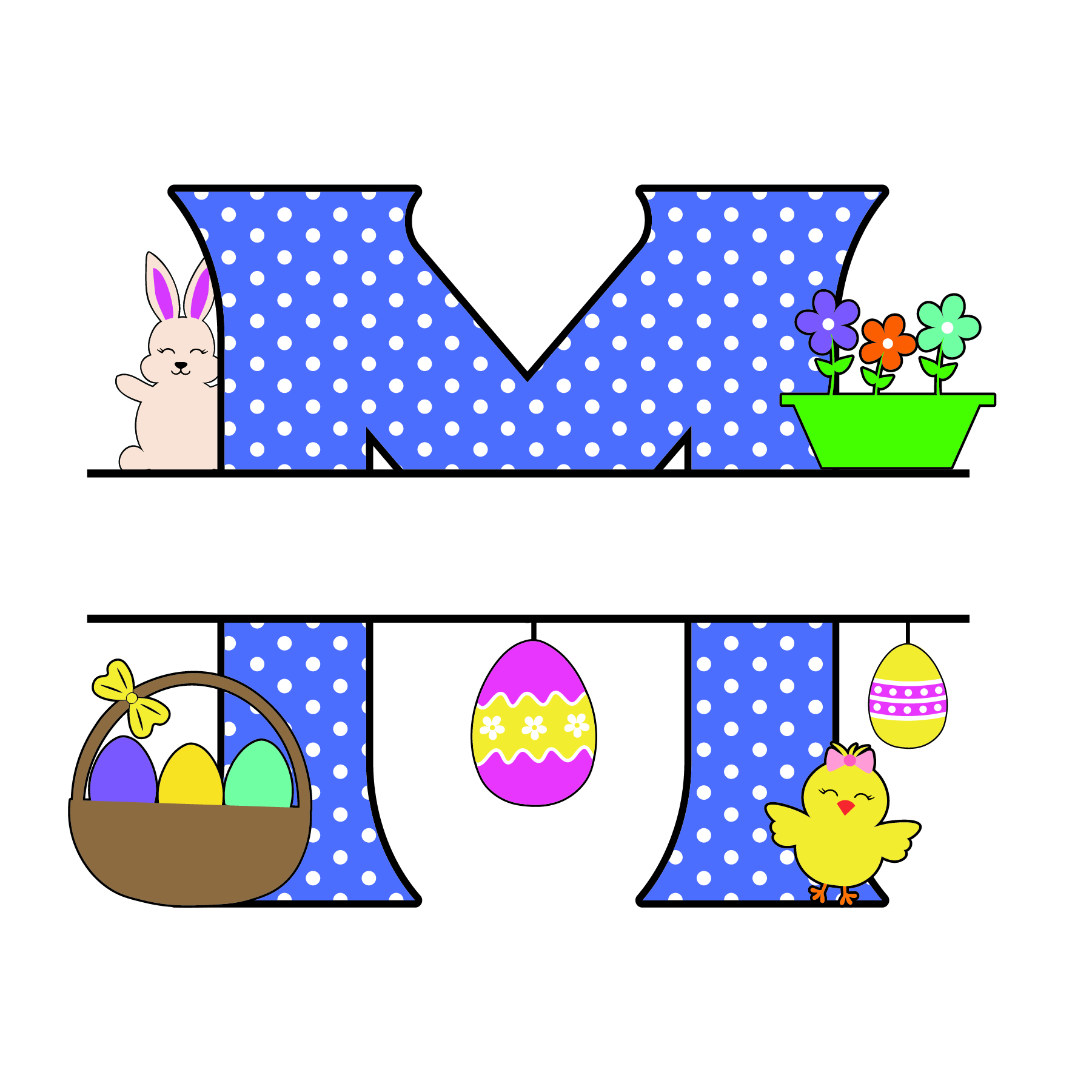 m letter free easter monogram bunny egg basket chicken clipart alphabet letter split customize or personalize stencil template to print or download vector svg laser vinyl circuit silhouette.