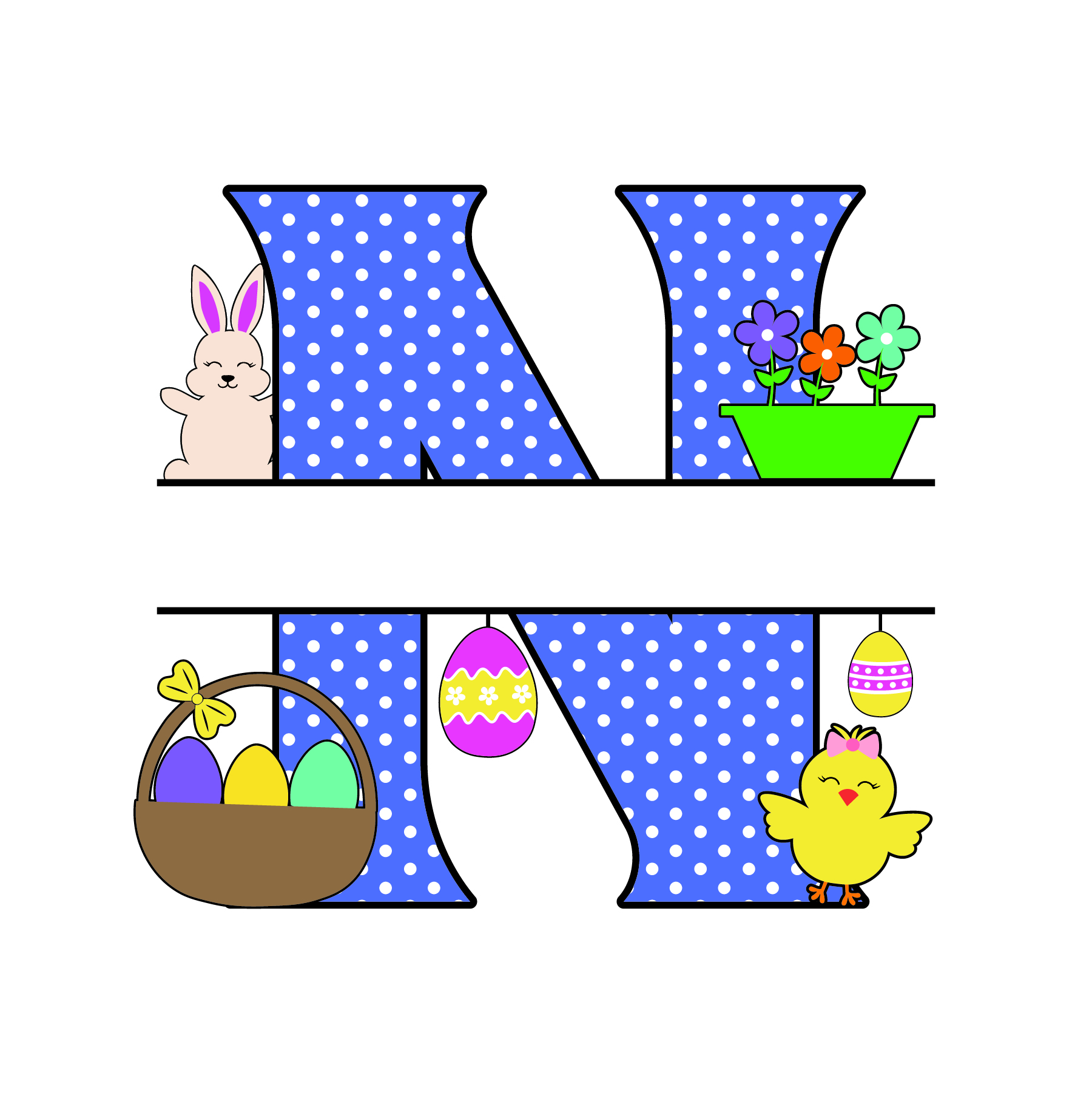 n letter free easter monogram bunny egg basket chicken clipart alphabet letter split customize or personalize stencil template to print or download vector svg laser vinyl circuit silhouette.