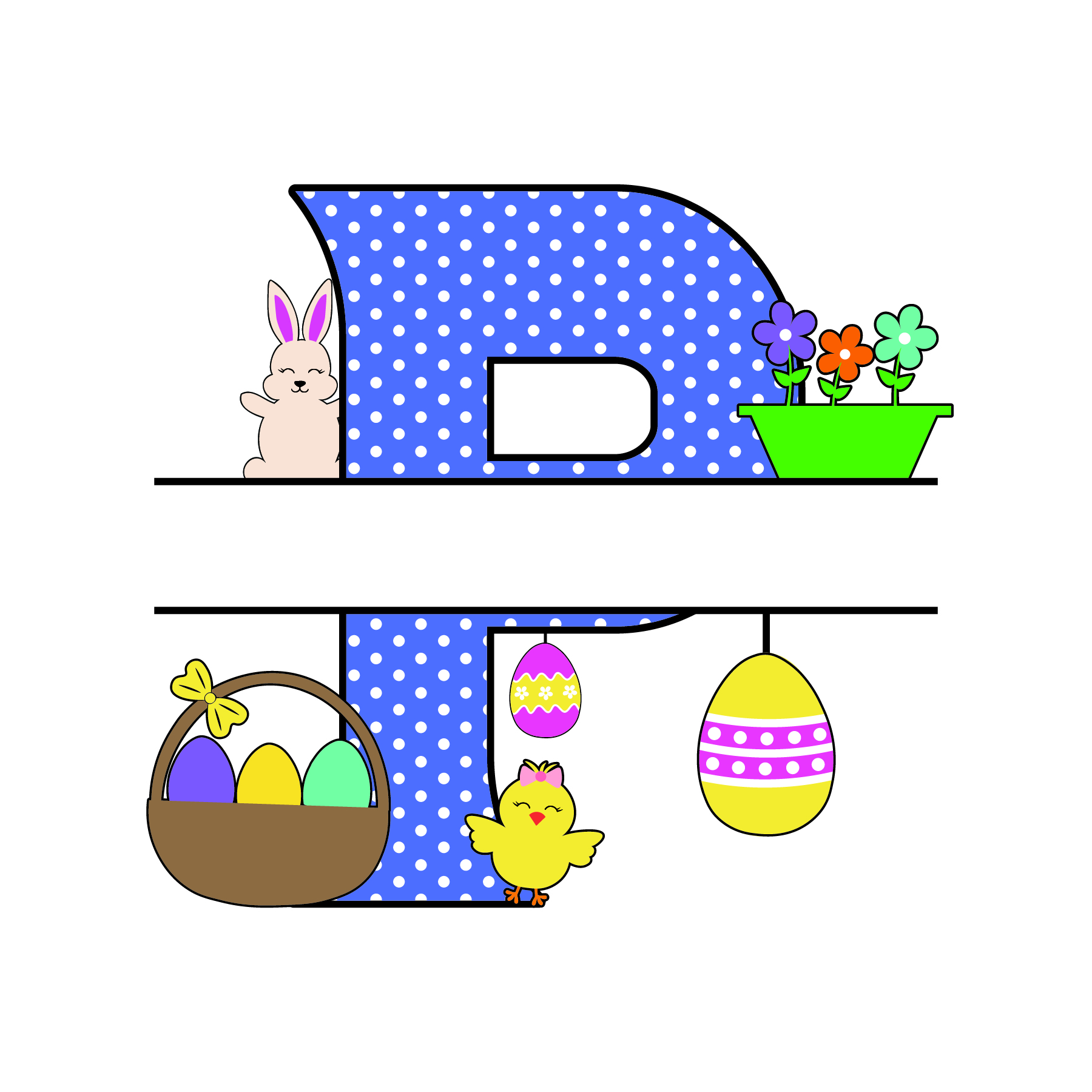 p letter free easter monogram bunny egg basket chicken clipart alphabet letter split customize or personalize stencil template to print or download vector svg laser vinyl circuit silhouette.