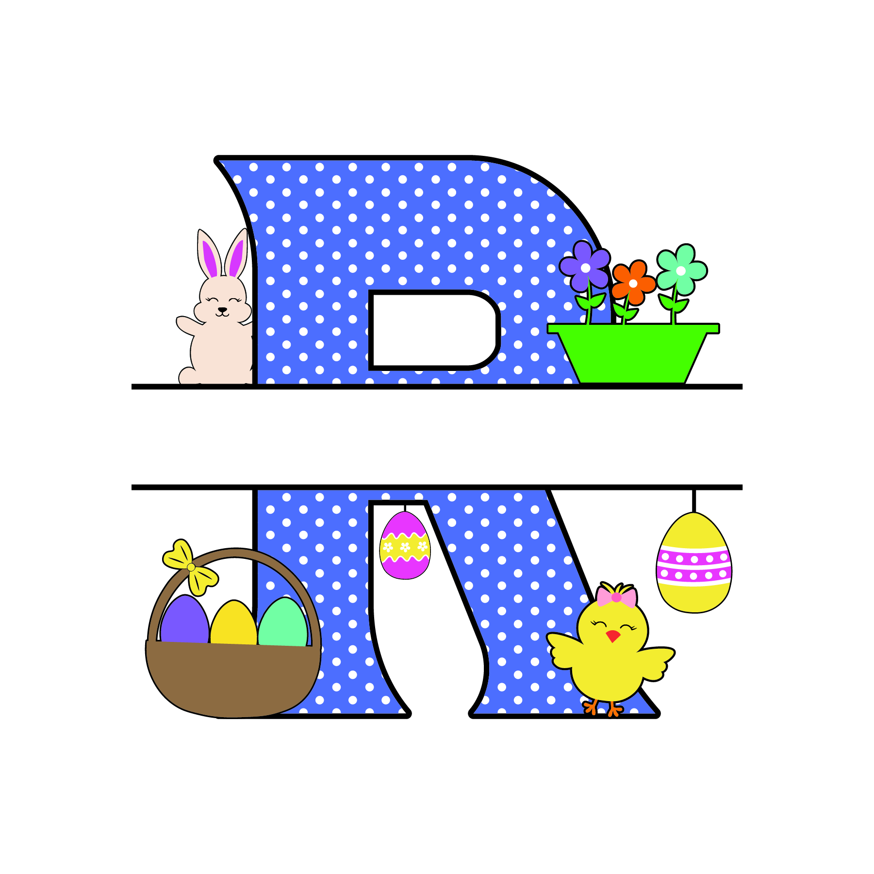 r letter free easter monogram bunny egg basket chicken clipart alphabet letter split customize or personalize stencil template to print or download vector svg laser vinyl circuit silhouette.