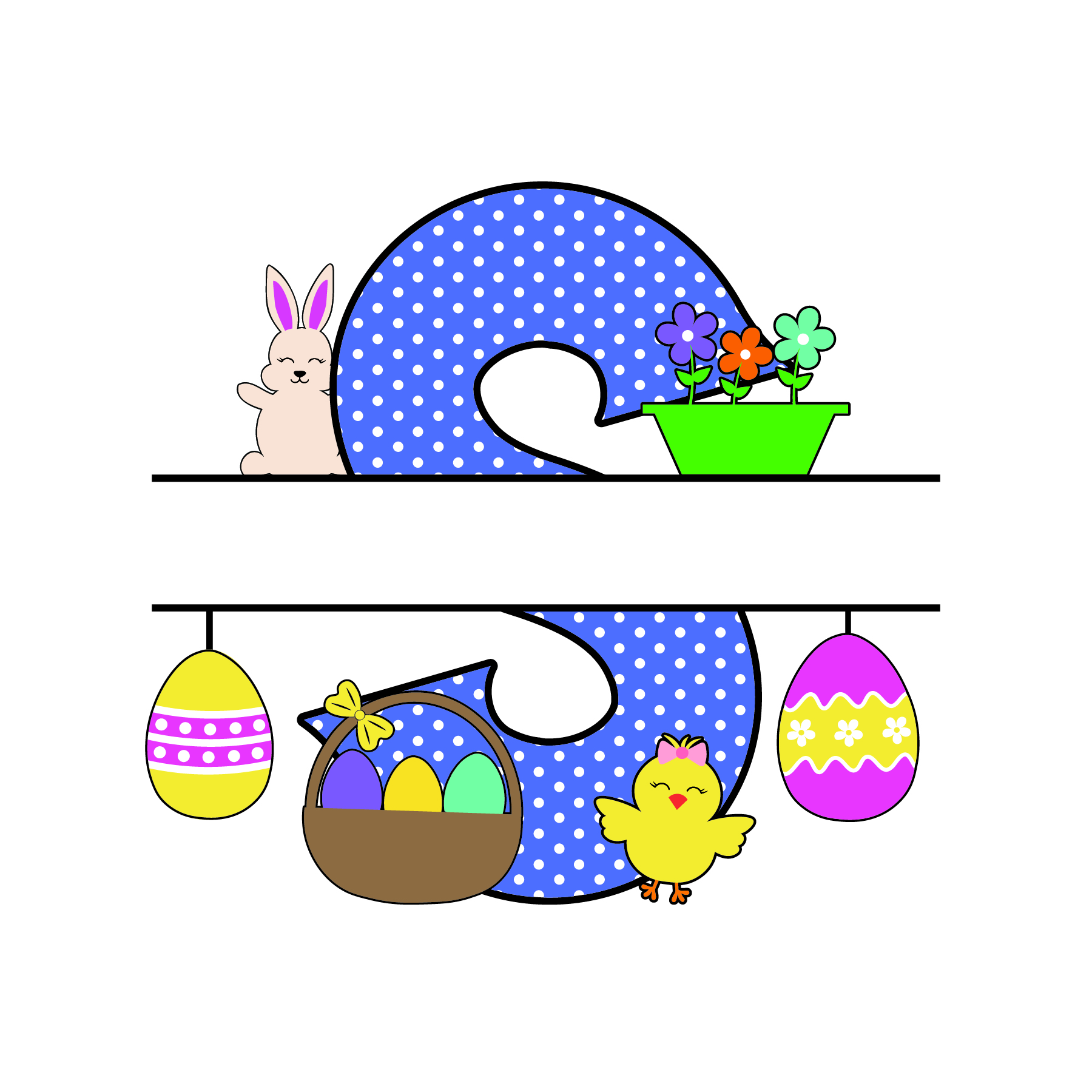 s letter free easter monogram bunny egg basket chicken clipart alphabet letter split customize or personalize stencil template to print or download vector svg laser vinyl circuit silhouette.