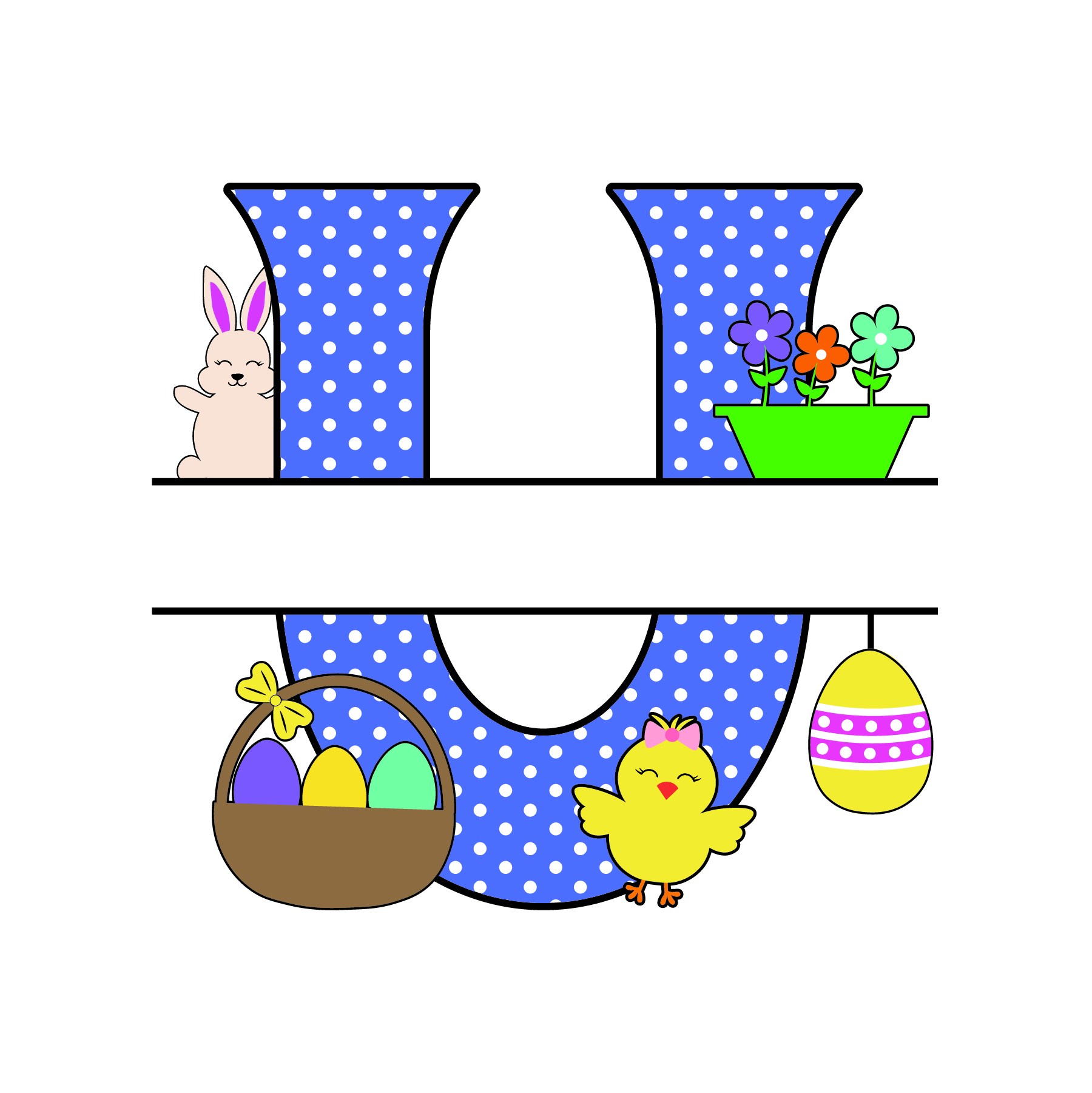 u letter free easter monogram bunny egg basket chicken clipart alphabet letter split customize or personalize stencil template to print or download vector svg laser vinyl circuit silhouette.