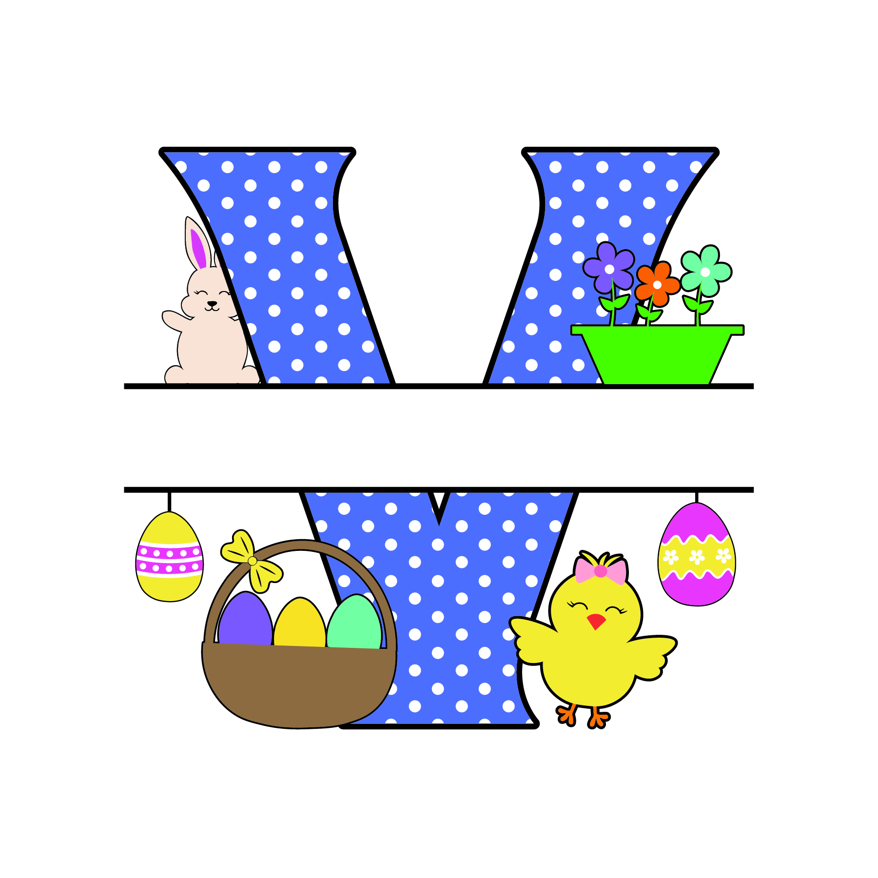 v letter free easter monogram bunny egg basket chicken clipart alphabet letter split customize or personalize stencil template to print or download vector svg laser vinyl circuit silhouette.