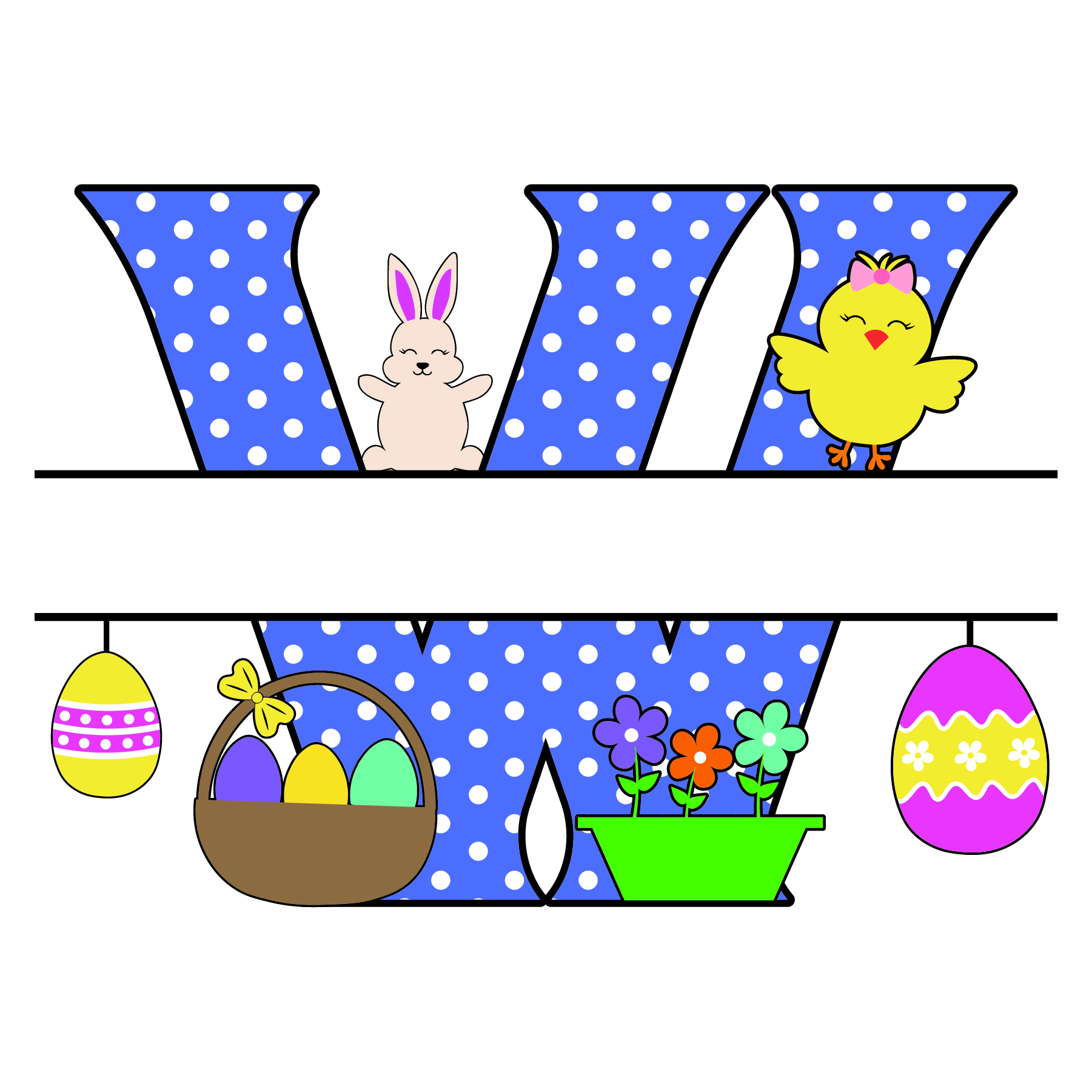 w letter free easter monogram bunny egg basket chicken clipart alphabet letter split customize or personalize stencil template to print or download vector svg laser vinyl circuit silhouette.