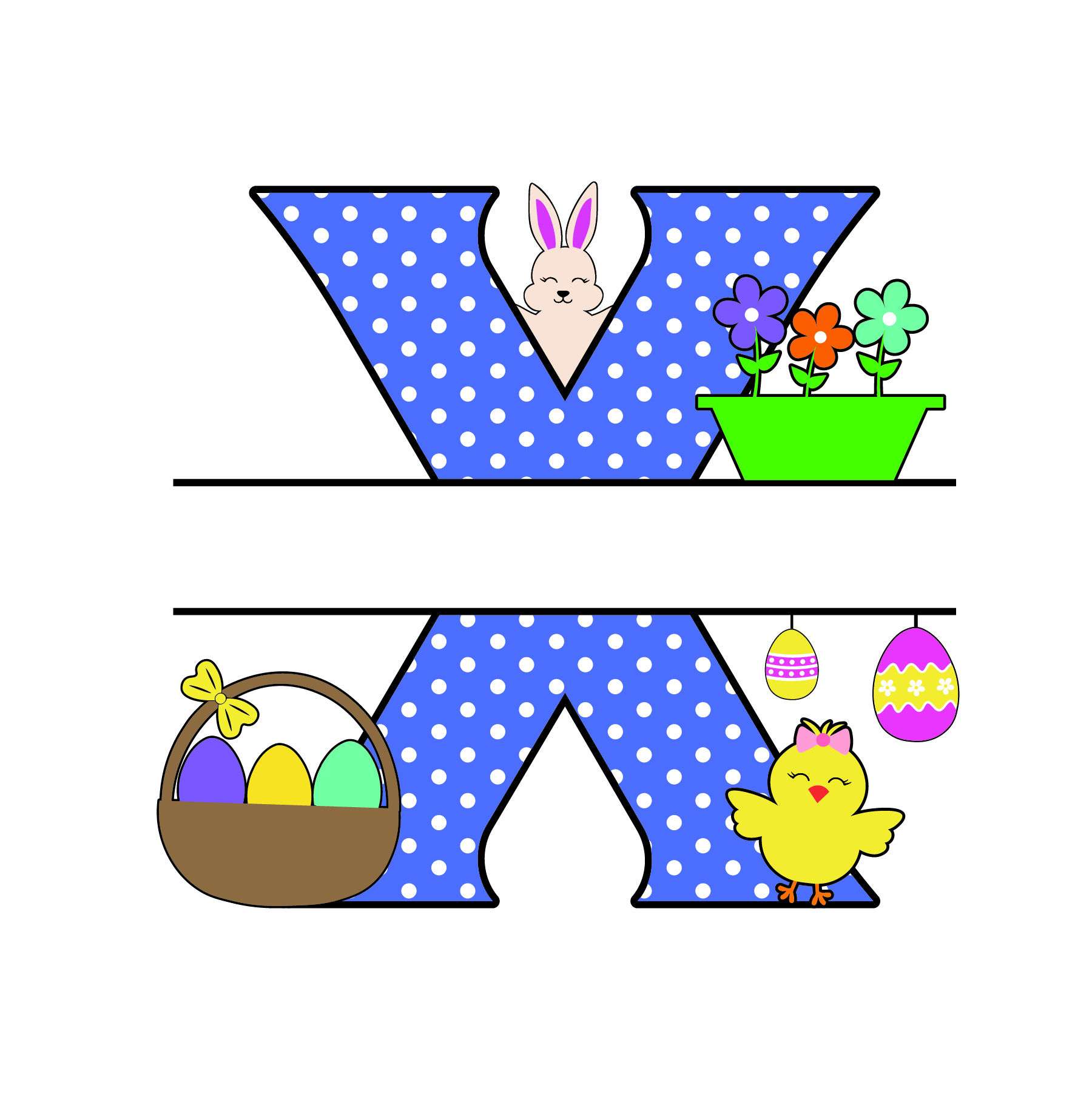 x letter free easter monogram bunny egg basket chicken clipart alphabet letter split customize or personalize stencil template to print or download vector svg laser vinyl circuit silhouette.