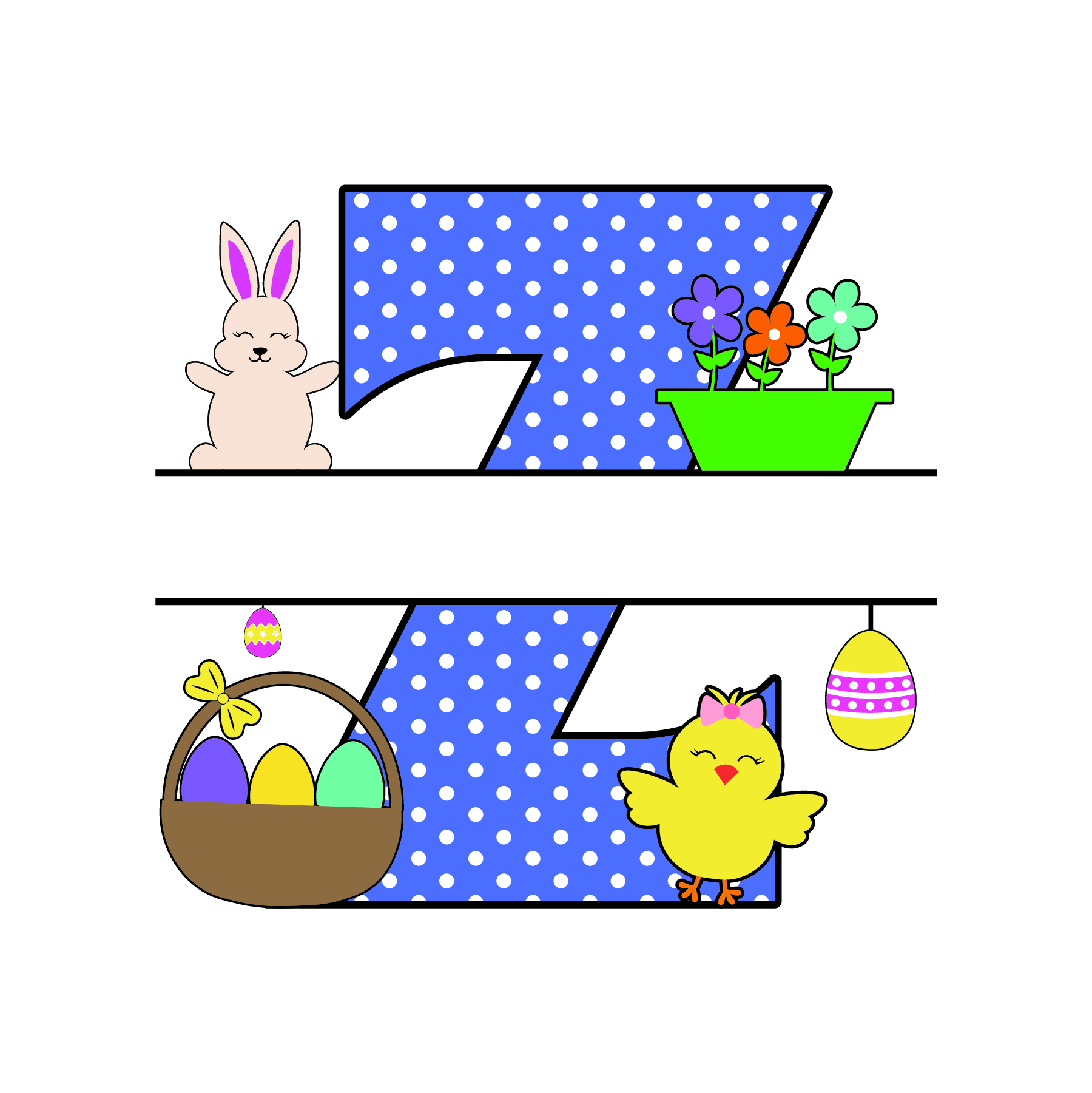 z letter free easter monogram bunny egg basket chicken clipart alphabet letter split customize or personalize stencil template to print or download vector svg laser vinyl circuit silhouette.