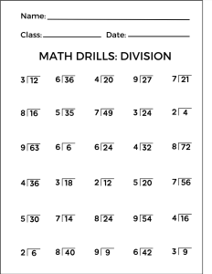 Division Drill, Portrait orientation. Missing  answers. Free printable division chart, math table worksheets, sheet, pdf, blank, empty, 3rd grade, 4th grade, 5th grade, template, print, download, online.