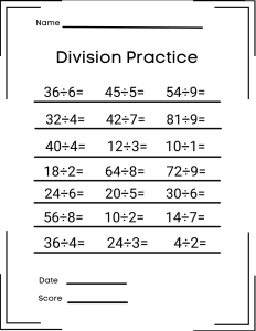Division Practice, Portrait orientation. Missing answers. Free printable division chart, math table worksheets, sheet, pdf, blank, empty, 3rd grade, 4th grade, 5th grade, template, print, download, online.