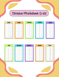 Division worksheet (1-10).Missing dividend, Portrait orientation.Free printable division chart, math table worksheets, sheet, pdf, blank, empty, 3rd grade, 4th grade, 5th grade, template, print, download, online.