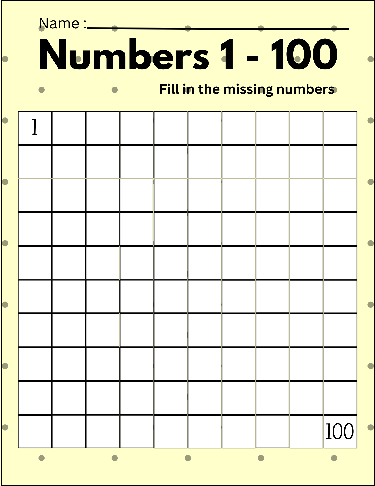 Hundreds Charts(Numbers 1 To 100) Free Printable PDF Files