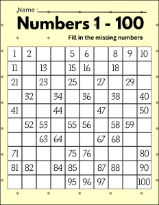 Hundreds number chart. (Numbers missing), free, printable, hundreds chart, counting, kindergarten, 1st grade, math, addition, multiplication, download, online, pdf, sheet.
