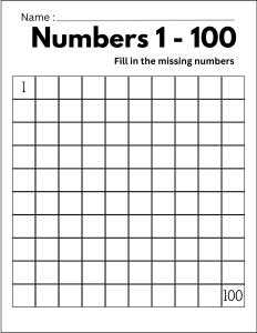 Printable 100 chart. (Blank), free, printable, hundreds chart, counting, kindergarten, 1st grade, math, addition, multiplication, download, online, pdf, sheet.