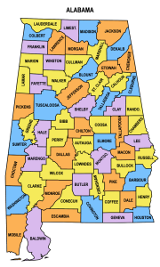 Alabama multi colored County Map (Printable State Map with County Lines)