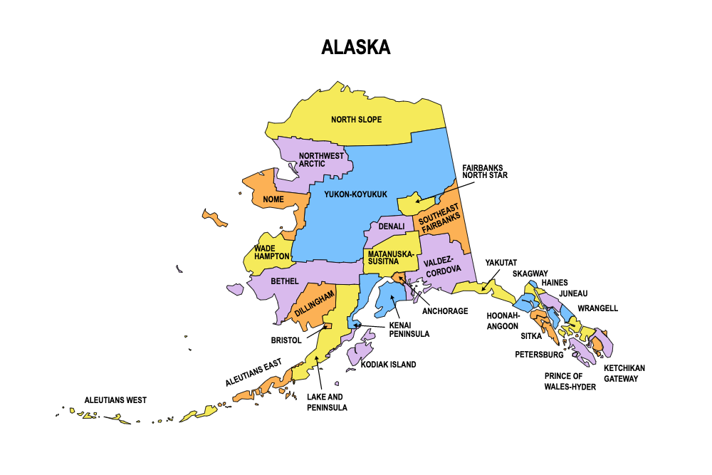 Alaska multi colored County Map (Printable State Map with County Lines) free, download