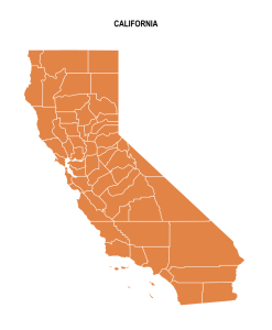 Free California colored blank county map, printable, state, outline, shape, county lines, pattern, template, download, USA, States