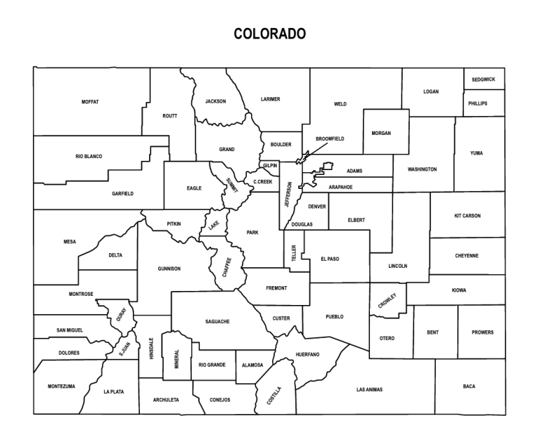 Colorado County Map Editable And Printable State County Maps Images   Colorado County Map Outline With Labels 768x636 